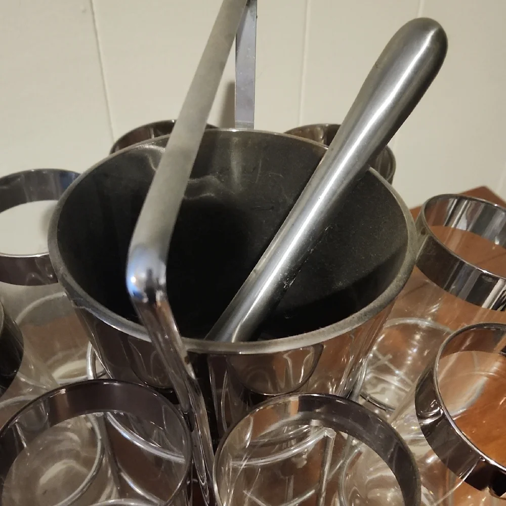 Vintage Mid-Century Modern Beverage / Cocktail Set – Glasses, Ice Bucket & Stand